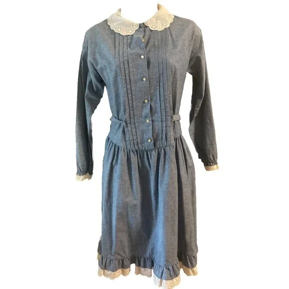 Miss Nannette | Dresses | Vintage Cottagecore Denim Lace Dress Trad Wife 8s  Nannette Girls 4 Women Small | Poshmark